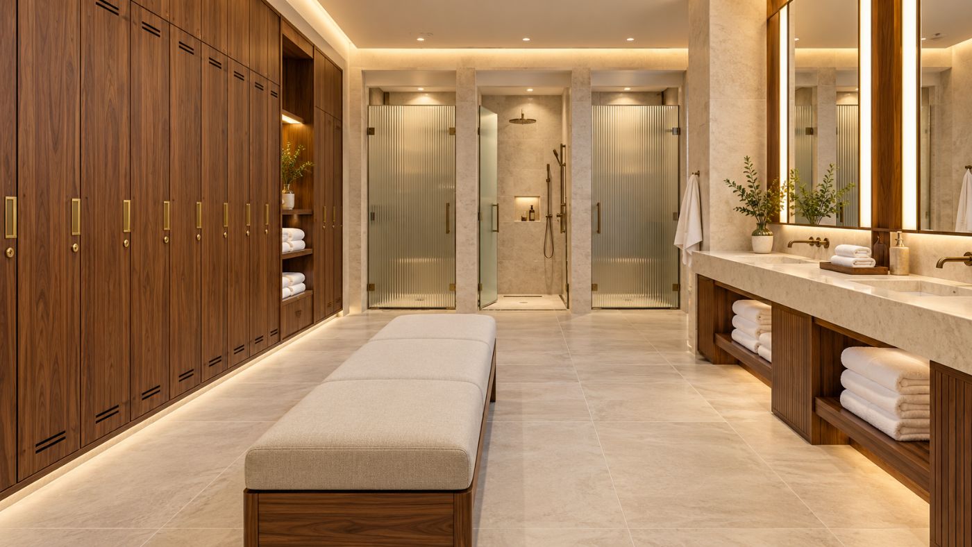 Locker room with wood lockers, bench, and showers