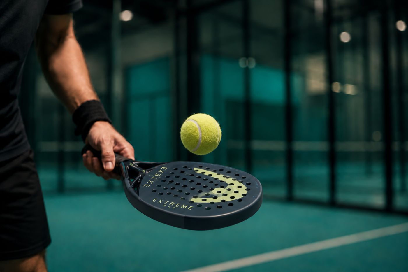 Padel racket and ball on an indoor court