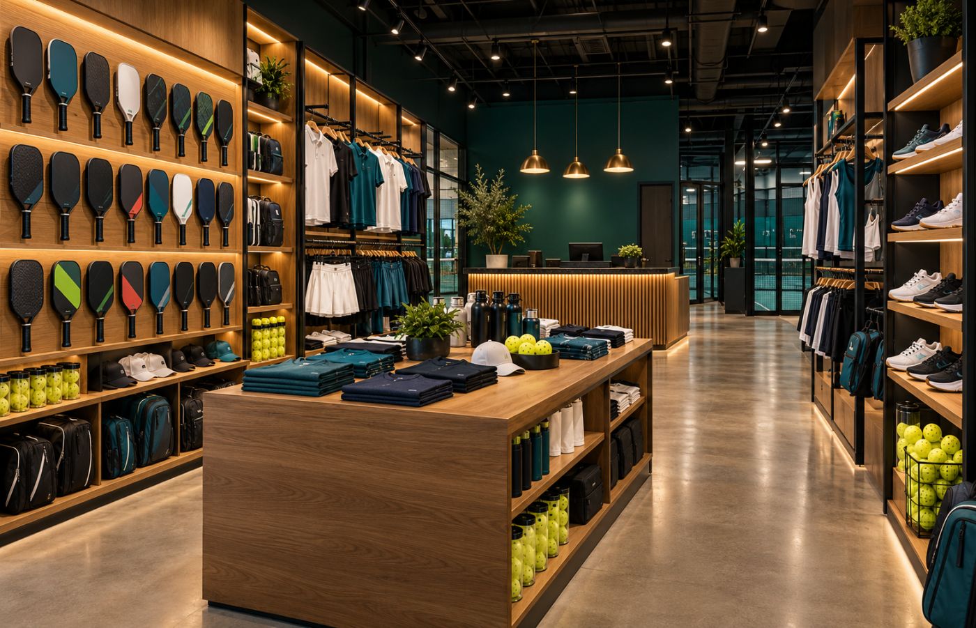 Pro shop with paddles, apparel, and footwear