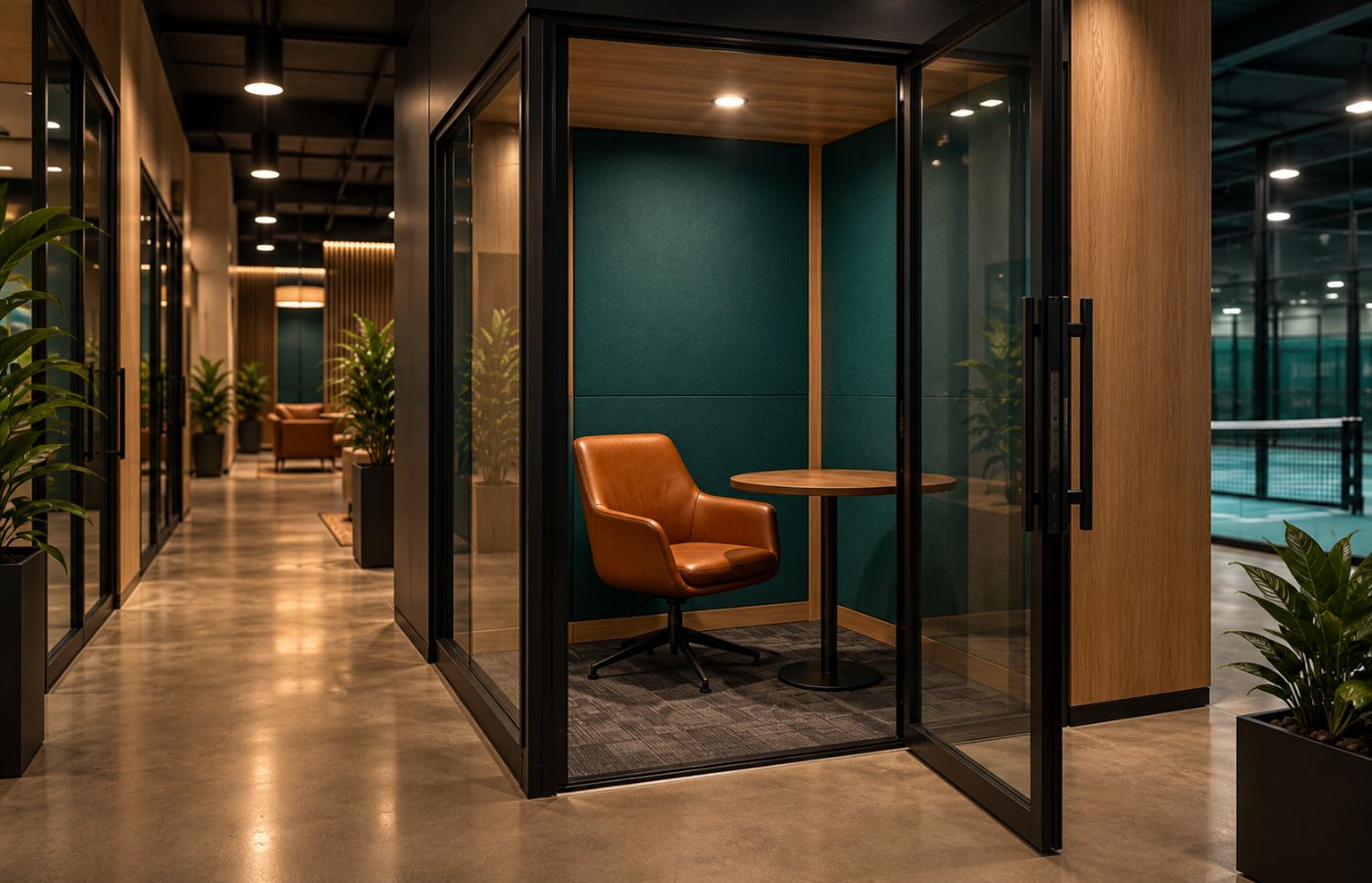 Glass work pod with leather chair and table